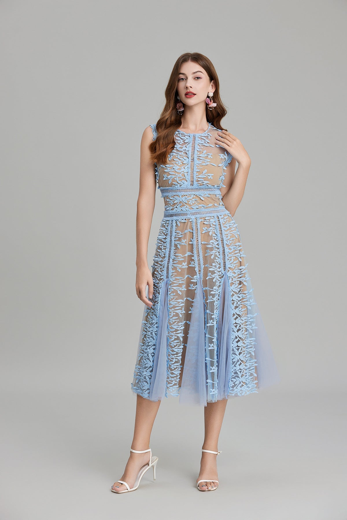 Maëlle Round Neck Mesh Embroidered Midi Dress In Beige
