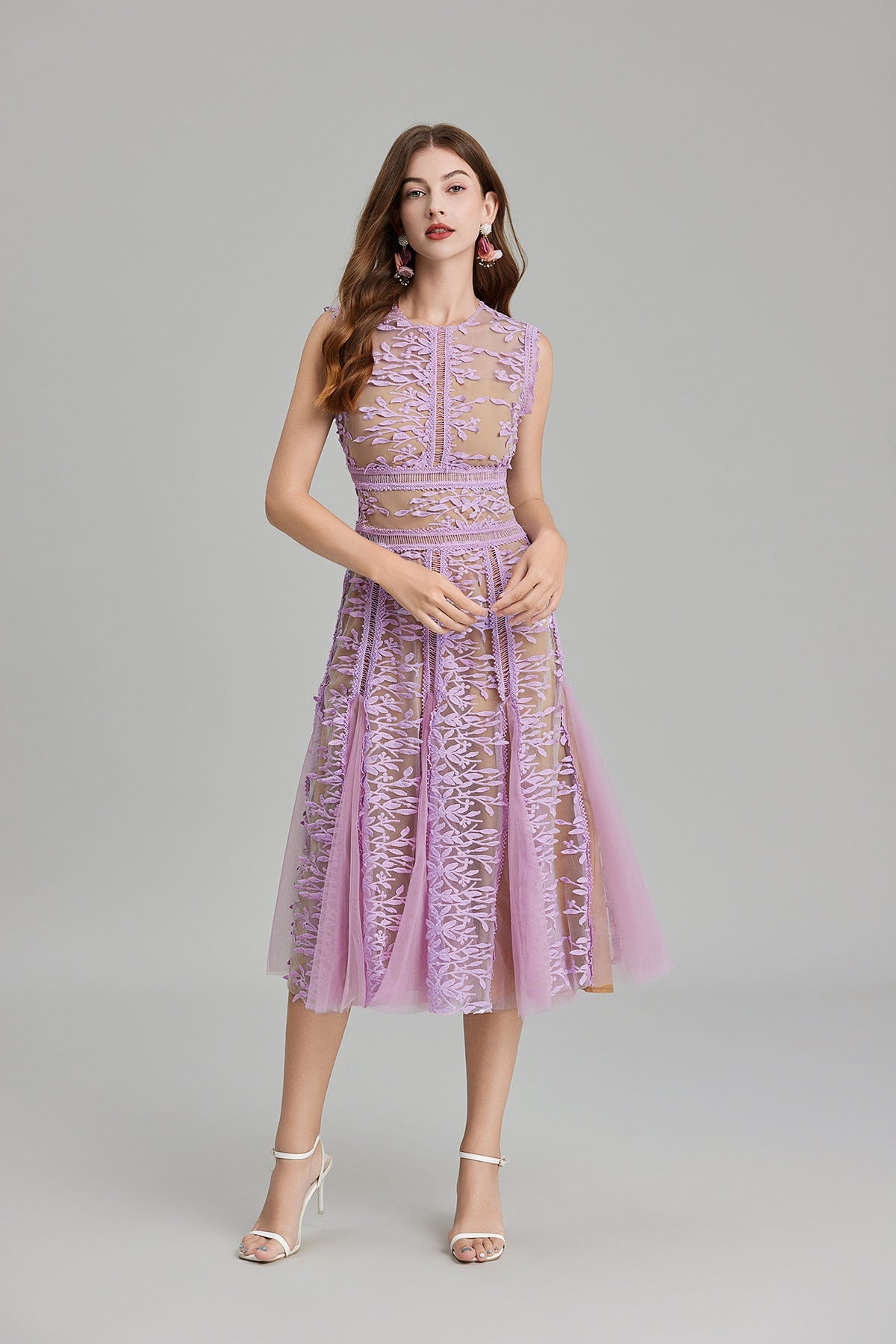 Maëlle Round Neck Mesh Embroidered Midi Dress In Beige