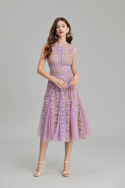 Maëlle Round Neck Mesh Embroidered Midi Dress In Beige