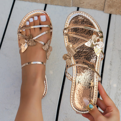 New Fashion Butterfly Cross-strap Sandals Summer Beach Shoes For Women Casual Low Heel Flat Slides Slippers