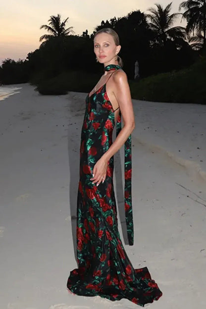 Floral Print Backless Maxi Dress