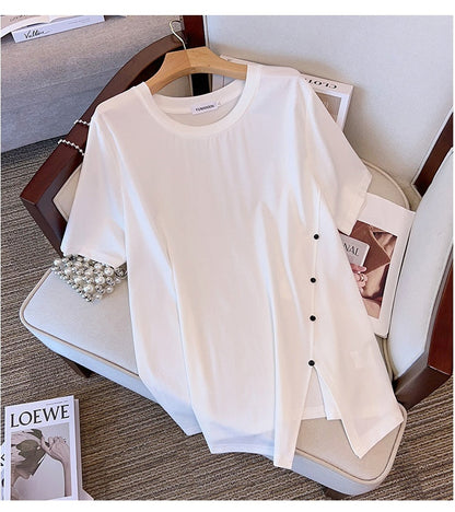 Round Neck New Plus-sized Plus Size Slimming Loose Mid-length Short Sleeve
