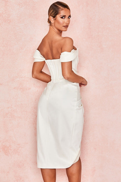 Ivory Satin Off Shoulder Mini Dress